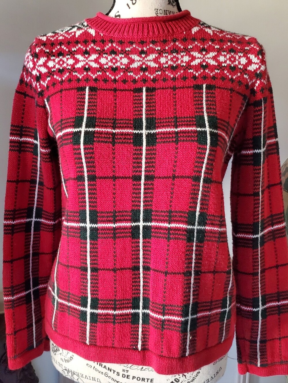 Vintage Plaid Fairisle Christmas Cabin Sweater, Preppy Knit